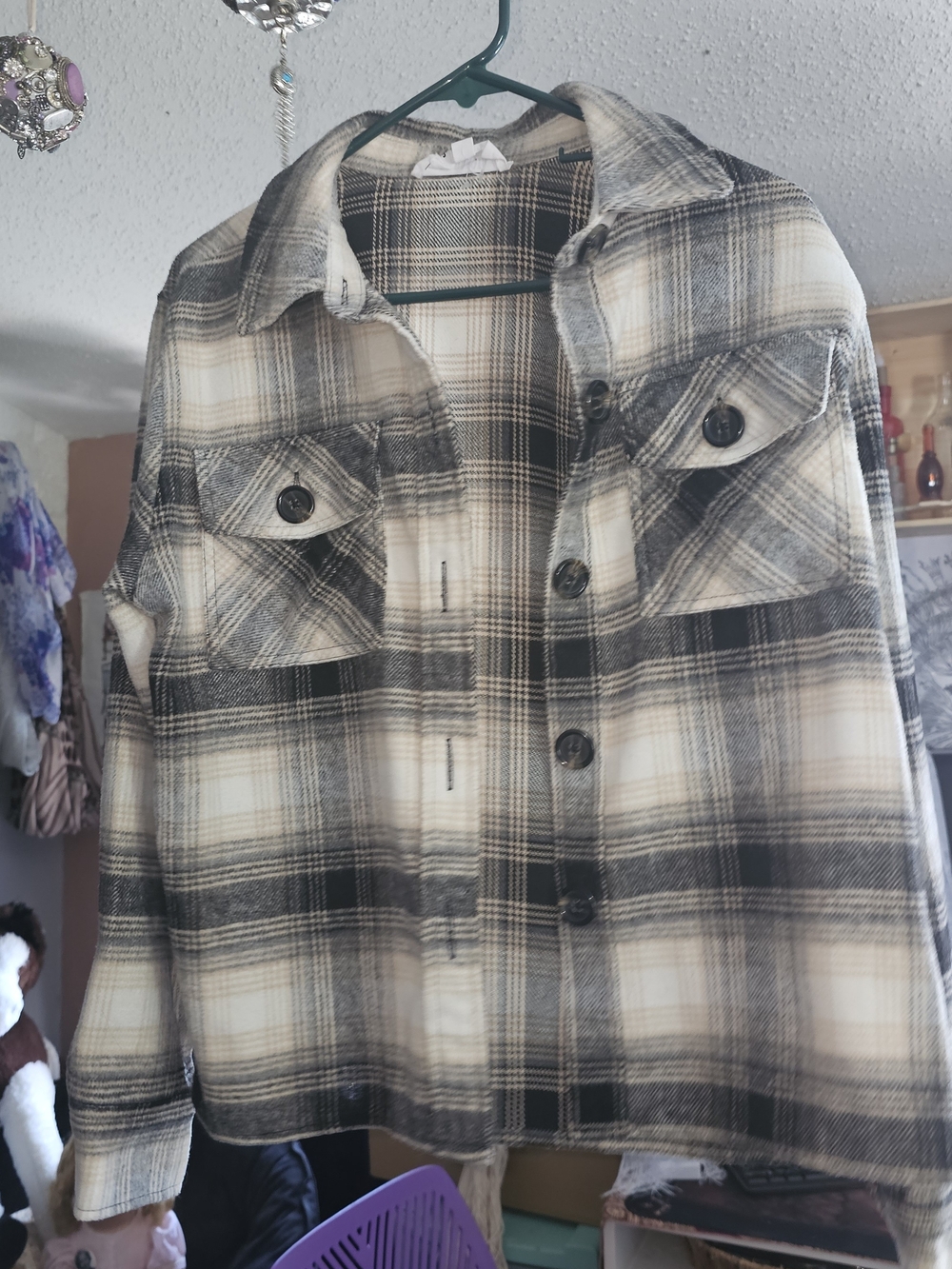 BB Dakota Cream and Black Plaid Button-Down Shirt Jacket(140)